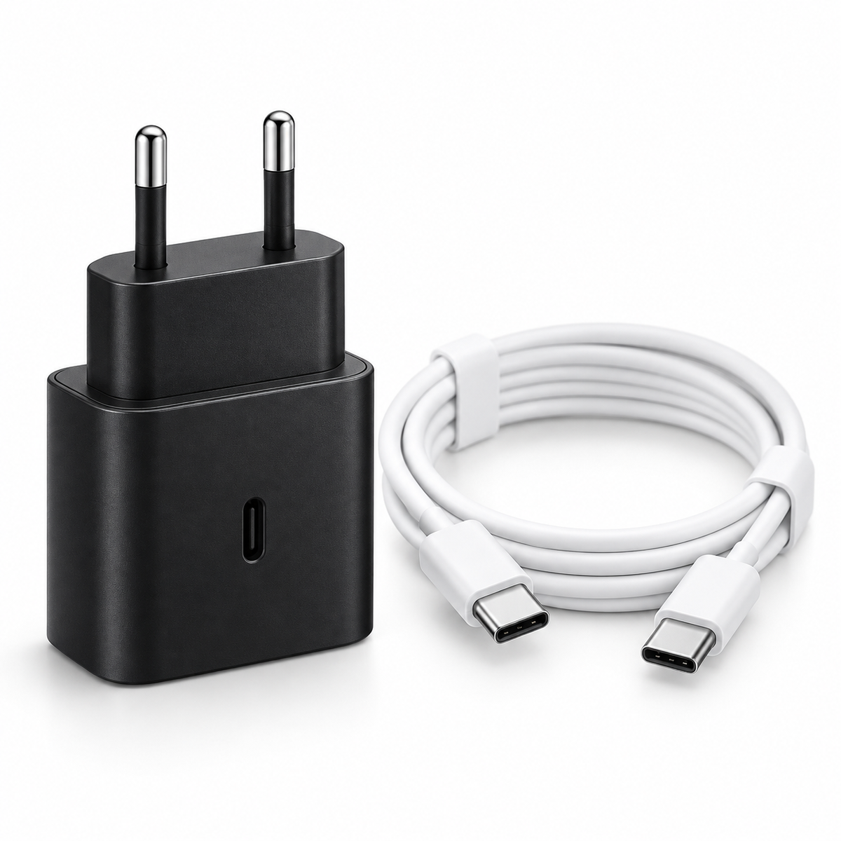 Cargador Samsung 25W USB-C + cable — imagen profesional sobre fondo blanco