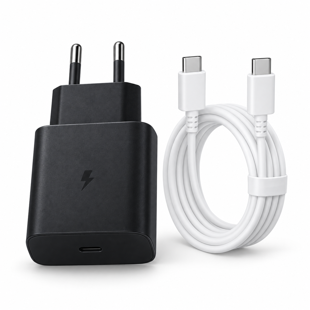 Cargador Samsung 45W USB-C + cable — imagen profesional sobre fondo blanco
