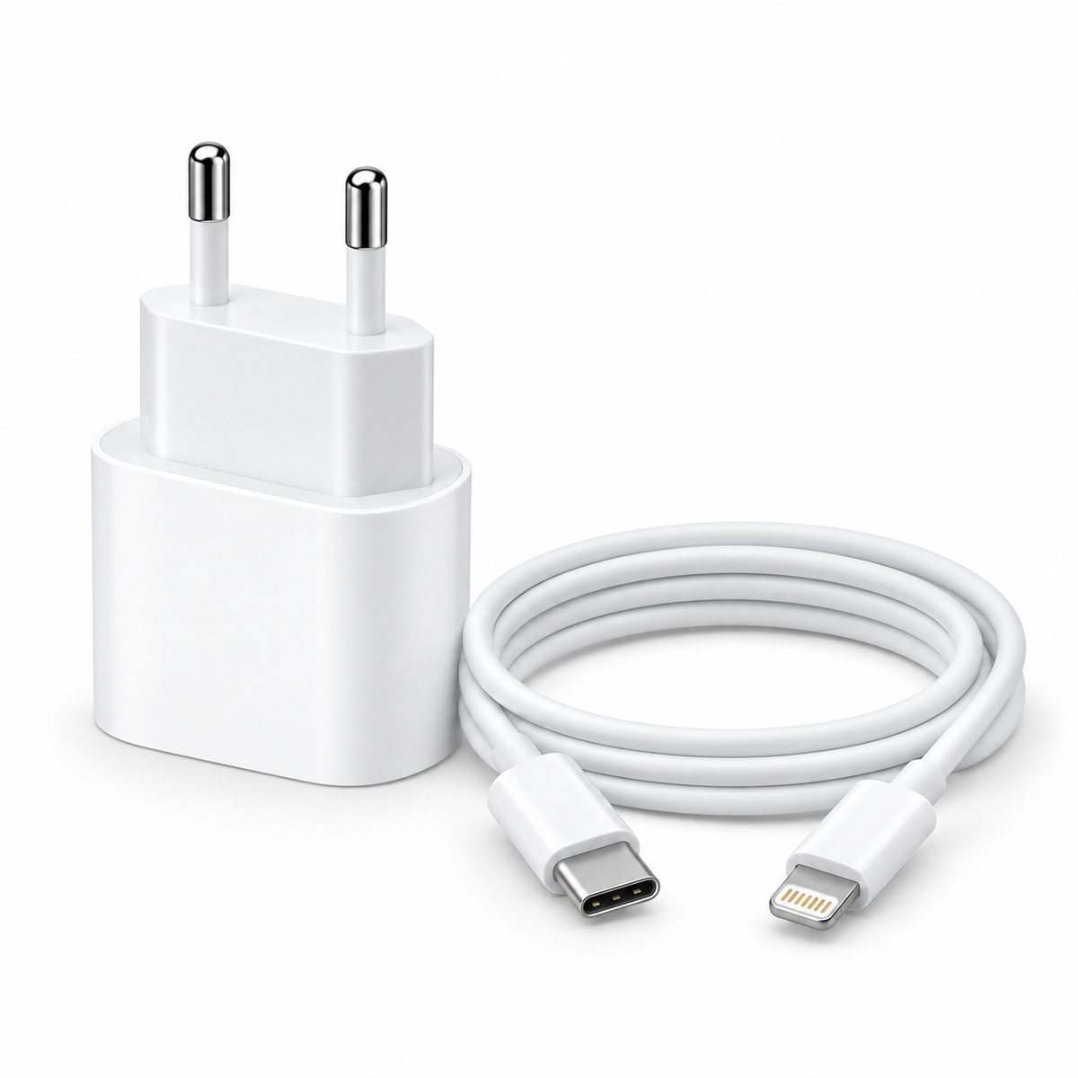 Enchufe USB-C 20W con cable Lightning — fotografía profesional sobre fondo blanco