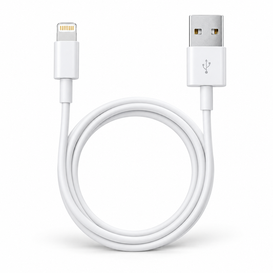 Cable USB-A a Lightning 1 m — fotografía profesional sobre fondo blanco