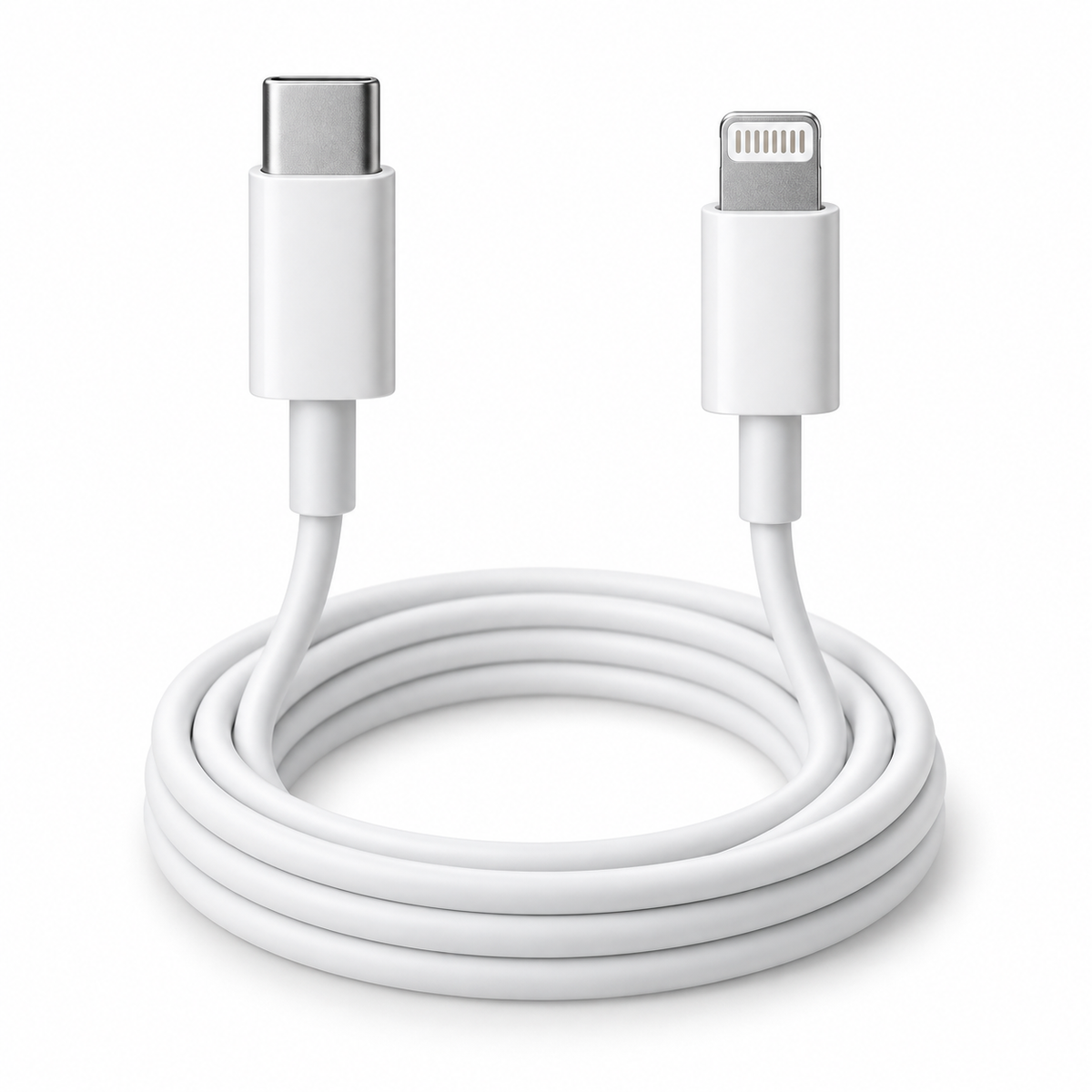 Cable USB-C a Lightning 1 m — fotografía profesional sobre fondo blanco