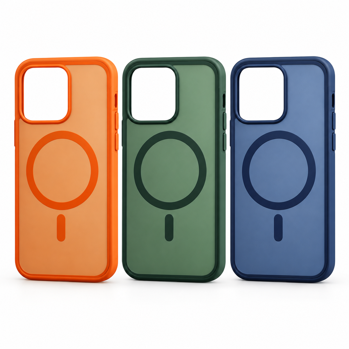 Carcasa iPhone colores MagSafe — fotografía profesional sobre fondo blanco