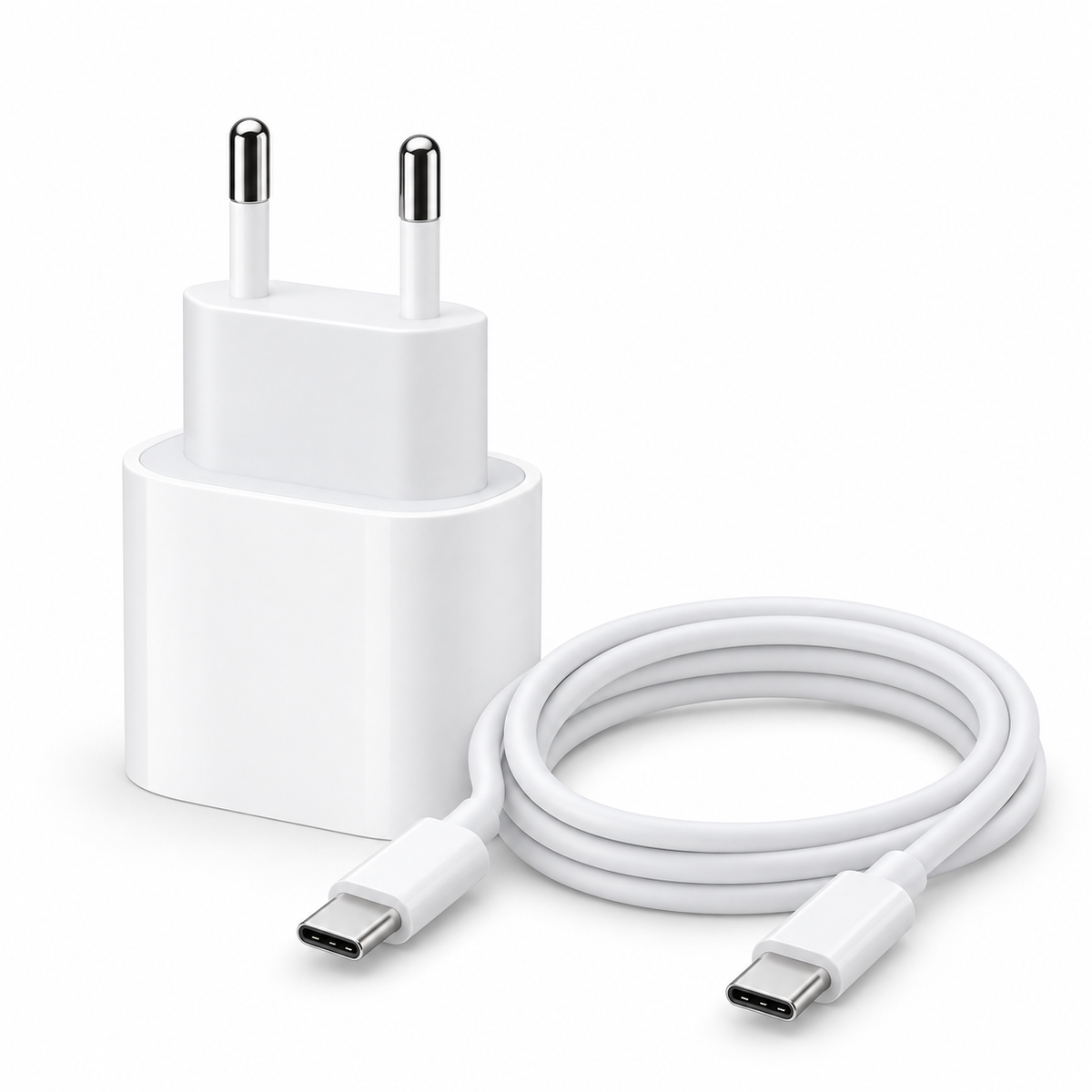 Cargador iPhone 15–18 Pro Max — fotografía profesional sobre fondo blanco