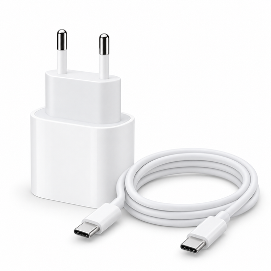 Cargador iPhone 15–18 Pro Max — fotografía profesional sobre fondo blanco